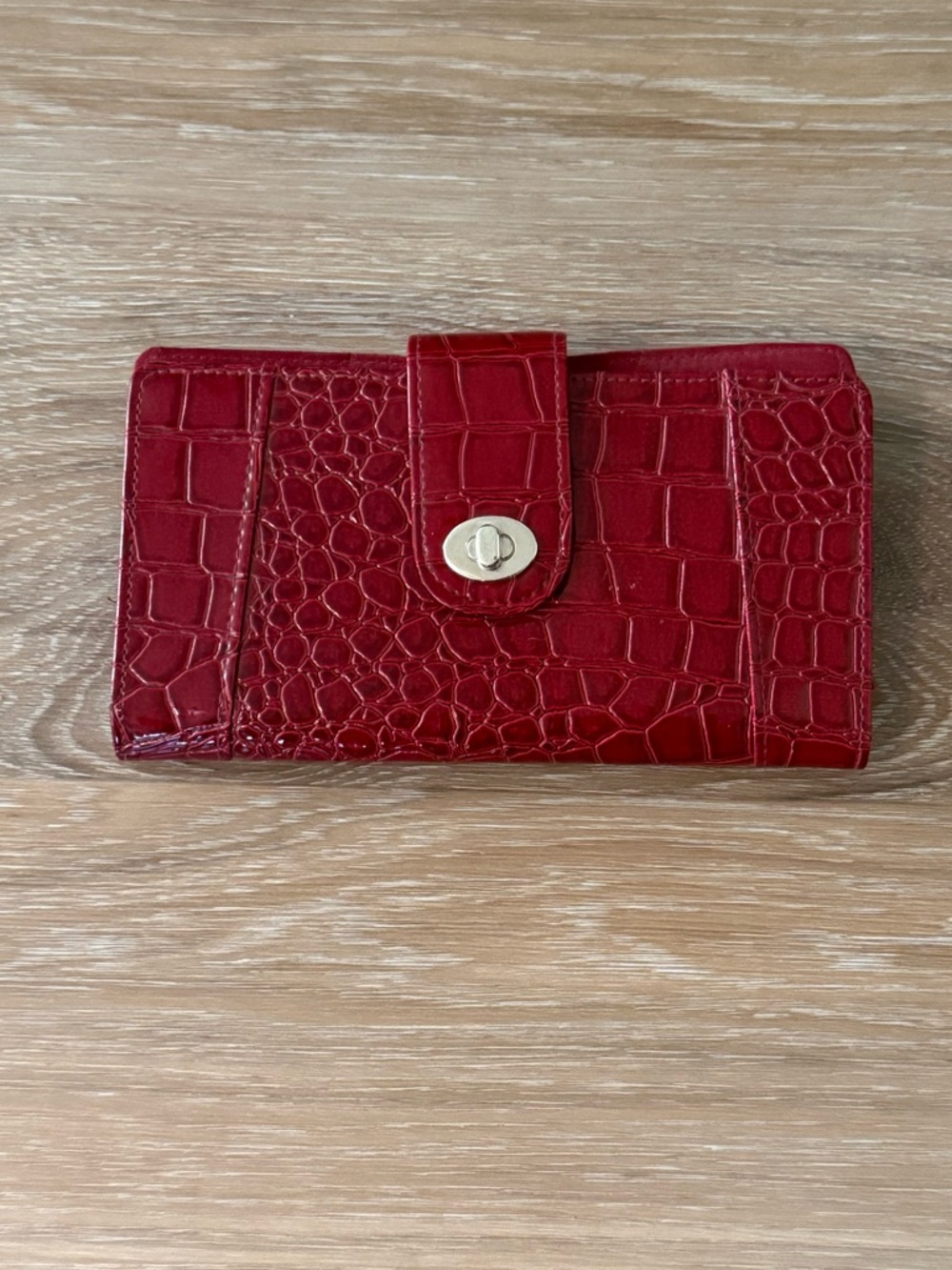 Red Croc-Embossed Leather Wallet with Turn-Lock Closure